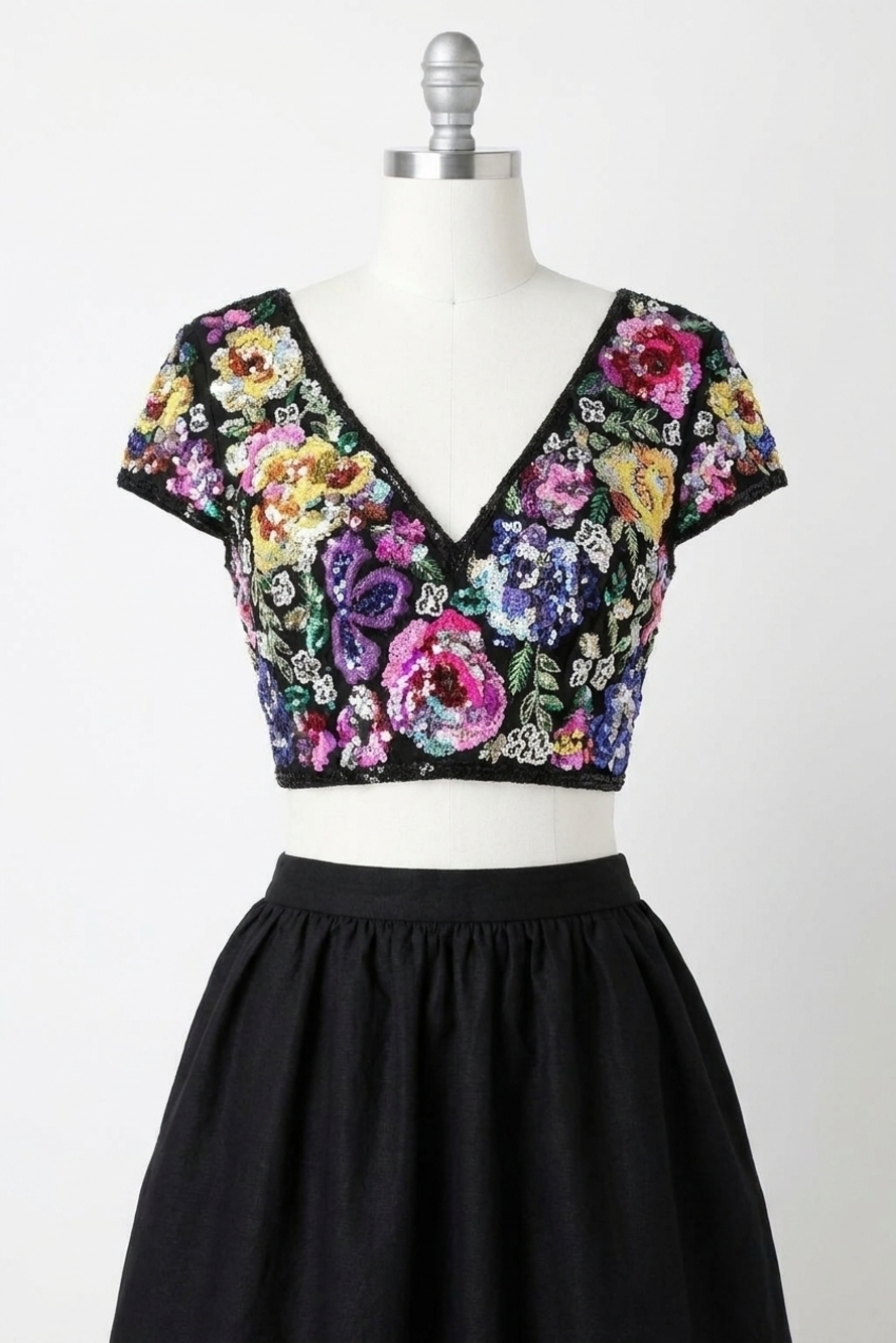 NEW SHERRI HILL two-piece sequined crop top in black/multi